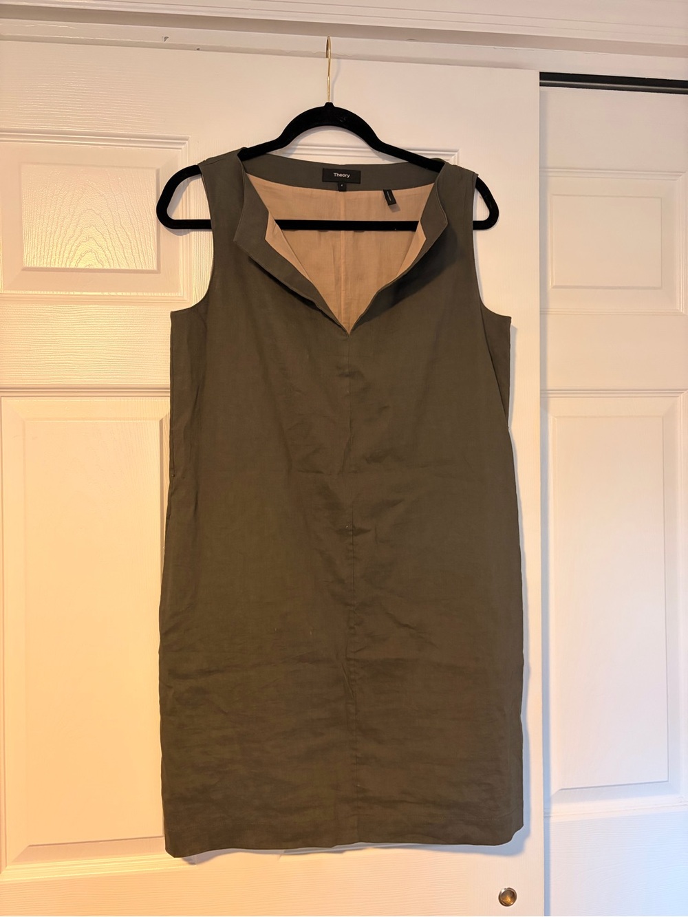 Theory Olive Green Sheath Dress with Light Tan Lining